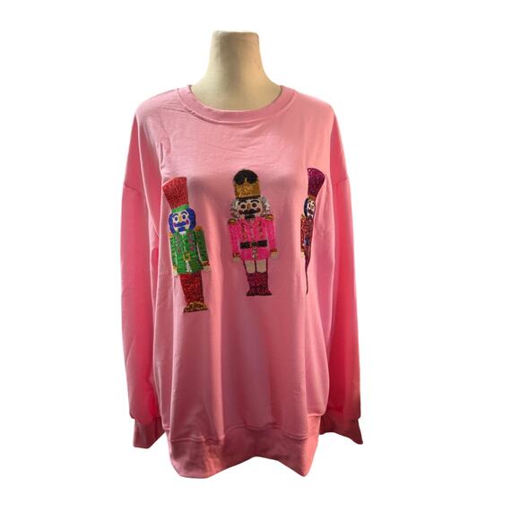 Pink Sweatshirt With Sequined Nutcrackers. Size XL - Picture 2 of 4